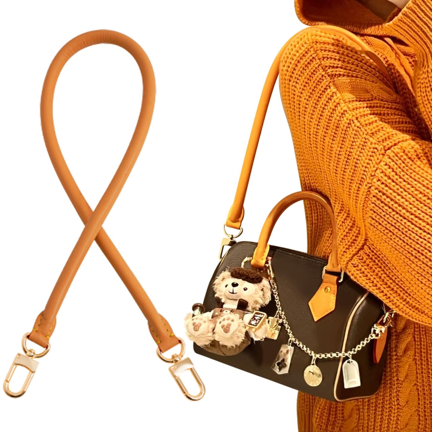 KIYOMIL Bag Genuine Vachetta Leather Shoulder Short Strap Replacement Fit for Graceful Damier or Speedy25 30 35 Bag Brown Rolled Straps Tan(Length:27.5in-DEEP BEESWAX)