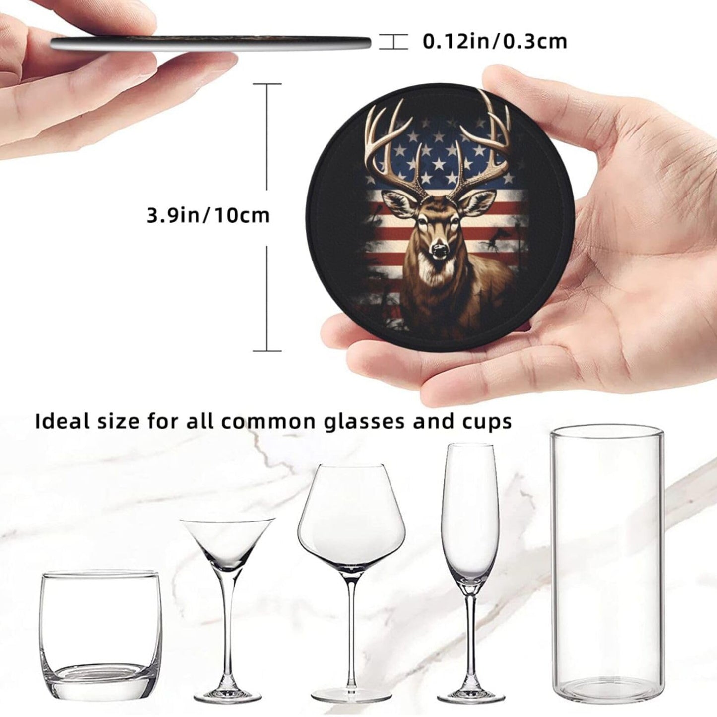 Neukim 6 Pcs American Hunting Deer Leather Coasters for Drinks with Holder Round Mug Mat Table Desk Coasters Set Cup Coasters for Living Room Kitchen Coffee Decor