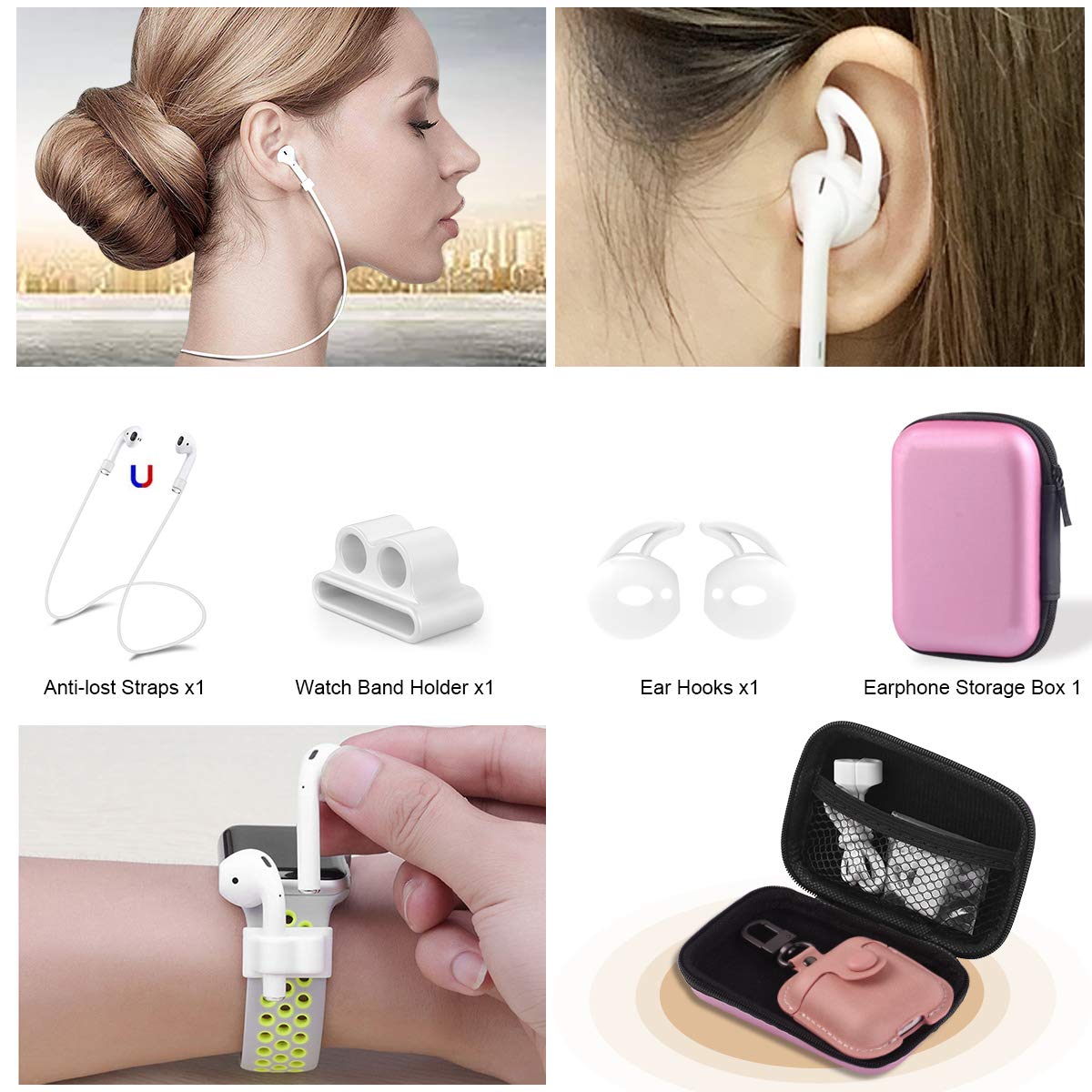 Maxjoy for AirPods 1/2 Case, Premium Leather Protective Cover for AirPods 1st & 2nd Generation with Keychain, Ear Hooks, Anti-Lost Strap and Watch Band Holder, Pink