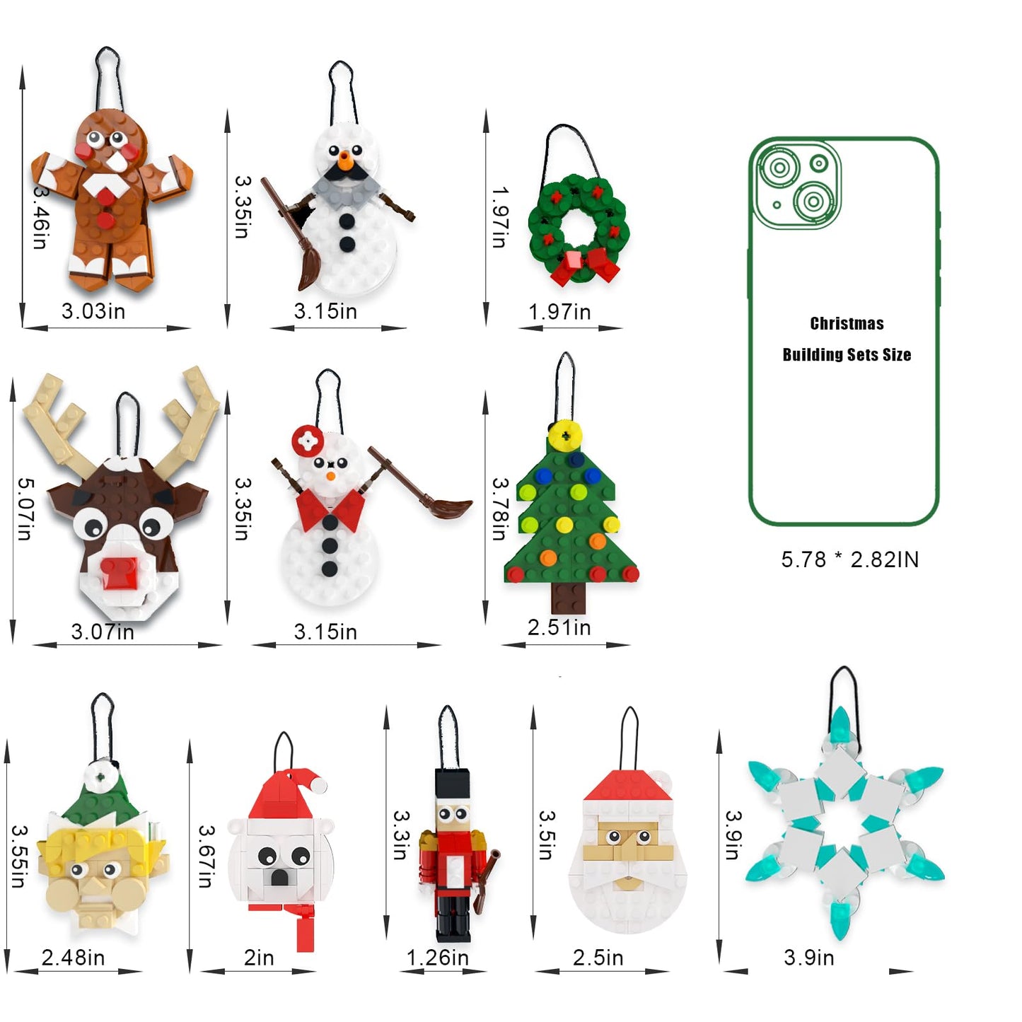 Tenhorses Christmas Tree Ornament 11-in-1 Building Sets, Wreath, Santa, Snowman, Nutcracker, Polar Bear, Gingerbread, Reindeer, Snowflake, Hanging Christmas Decor Toys Gift for Girls Boys or Kids.