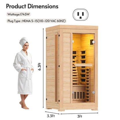 Rotihom 1-2 Person 6.3Ft Infrared Sauna, 7 Color Full Spectrum Wood Dry Sauna. Canadian Hemlock Indoor Saunas with 1745W 20Min Fast Heating & Music Speakers for Home & Gym (40" Lx36 Wx76 H)