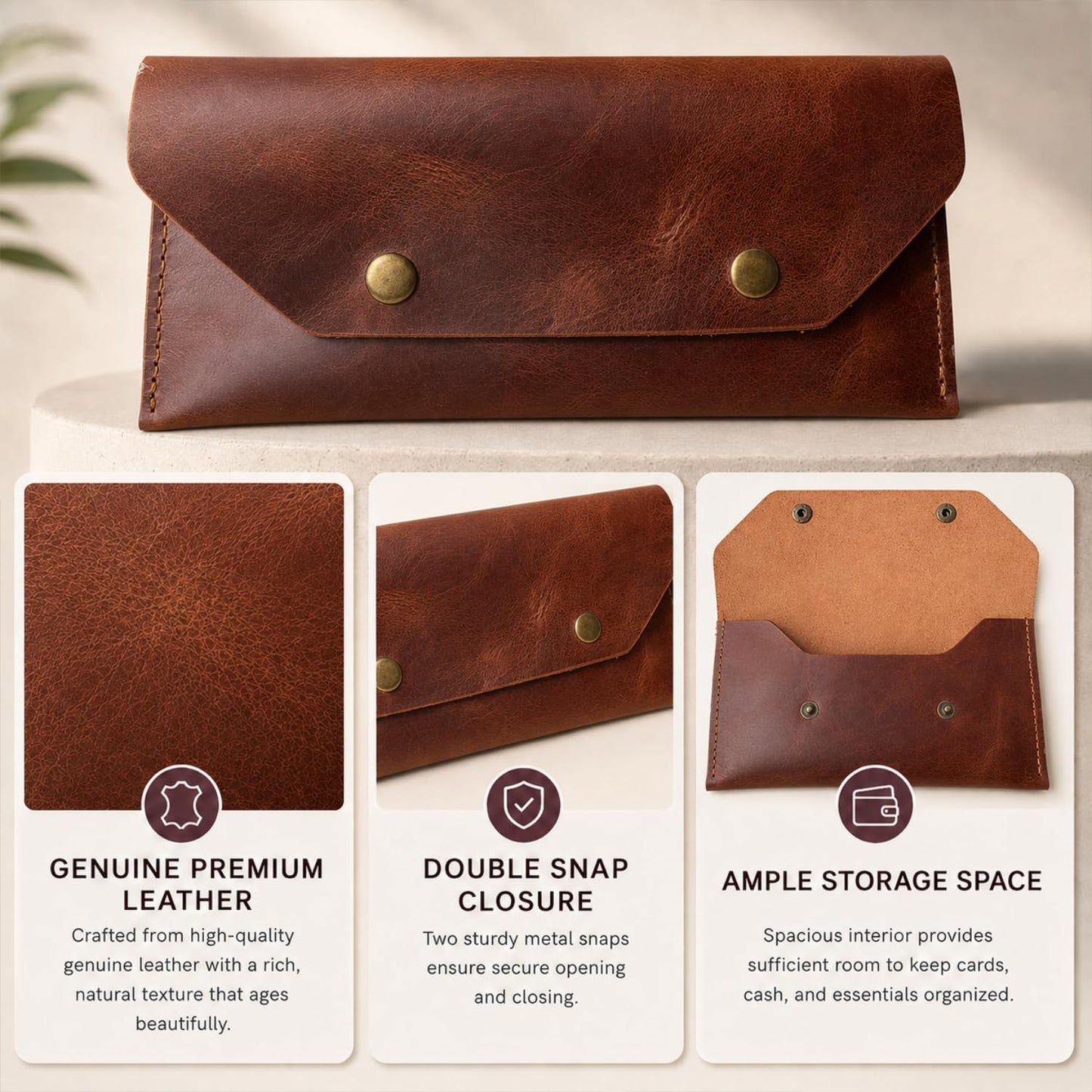 ZEMARS Genuine Leather Cash Envelope Wallet, Two Snap Money Pouch for Men and Women, Reusable Budget Envelope Wallet, Slim Organizer for Cash, Cards, Receipts, Checks and Keys (Cognac)