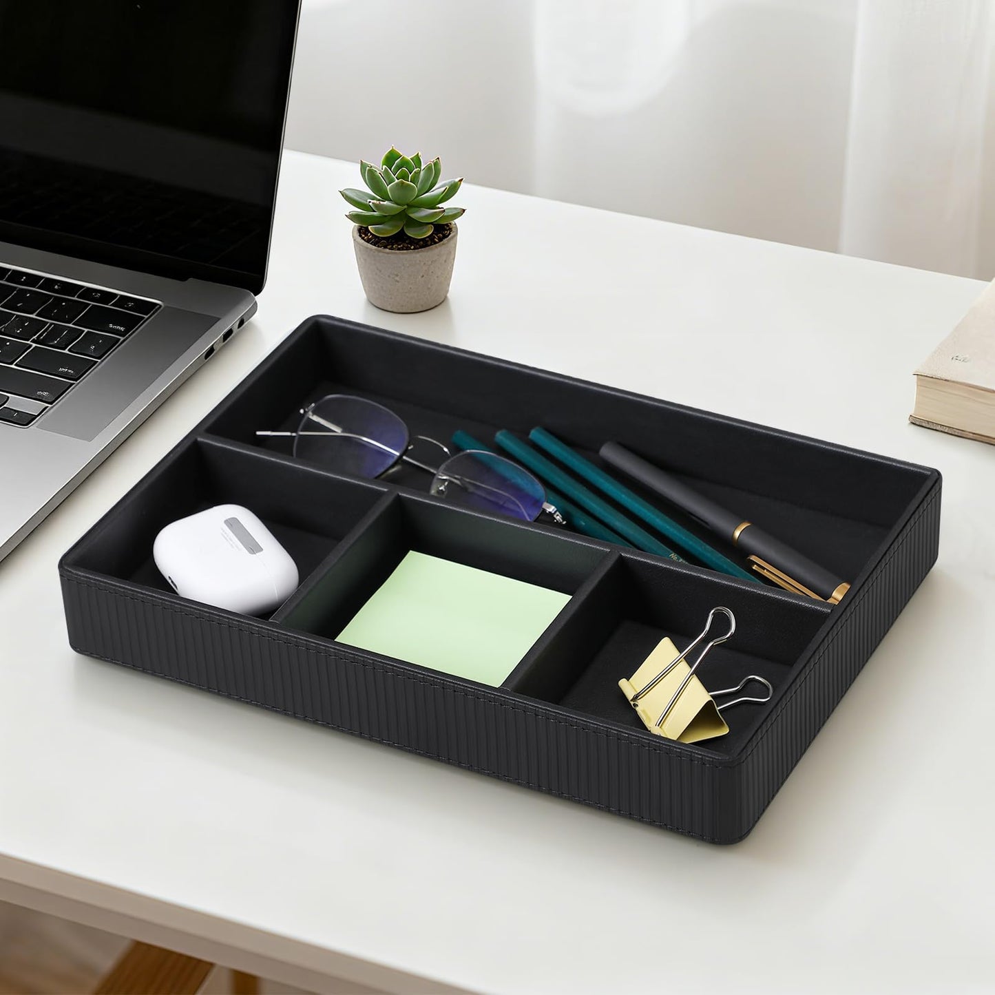 NICLNGSH PU Leather Valet Tray, Decorative Trinket Vanity Desk Drawer Organizer Tray, Perfume Dish Catch All Bowl for Keys, Nightstand Drawer Organizer Women Men with 4 Compartments (Black)