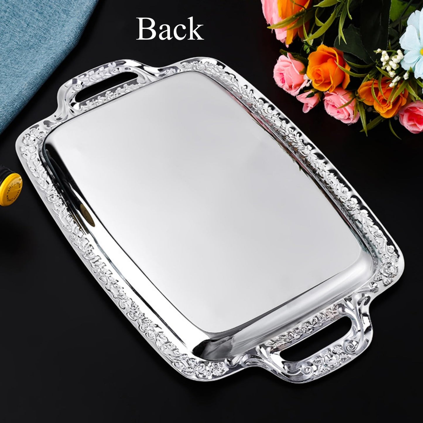 CiCixixi 4-Pack 15.75" x 9" Large Silver Serving Trays with Handle Floral Engraved Stainless Steel Platters for Buffet Wedding Party Jewelry Decorative Mirror Tray for Christmas