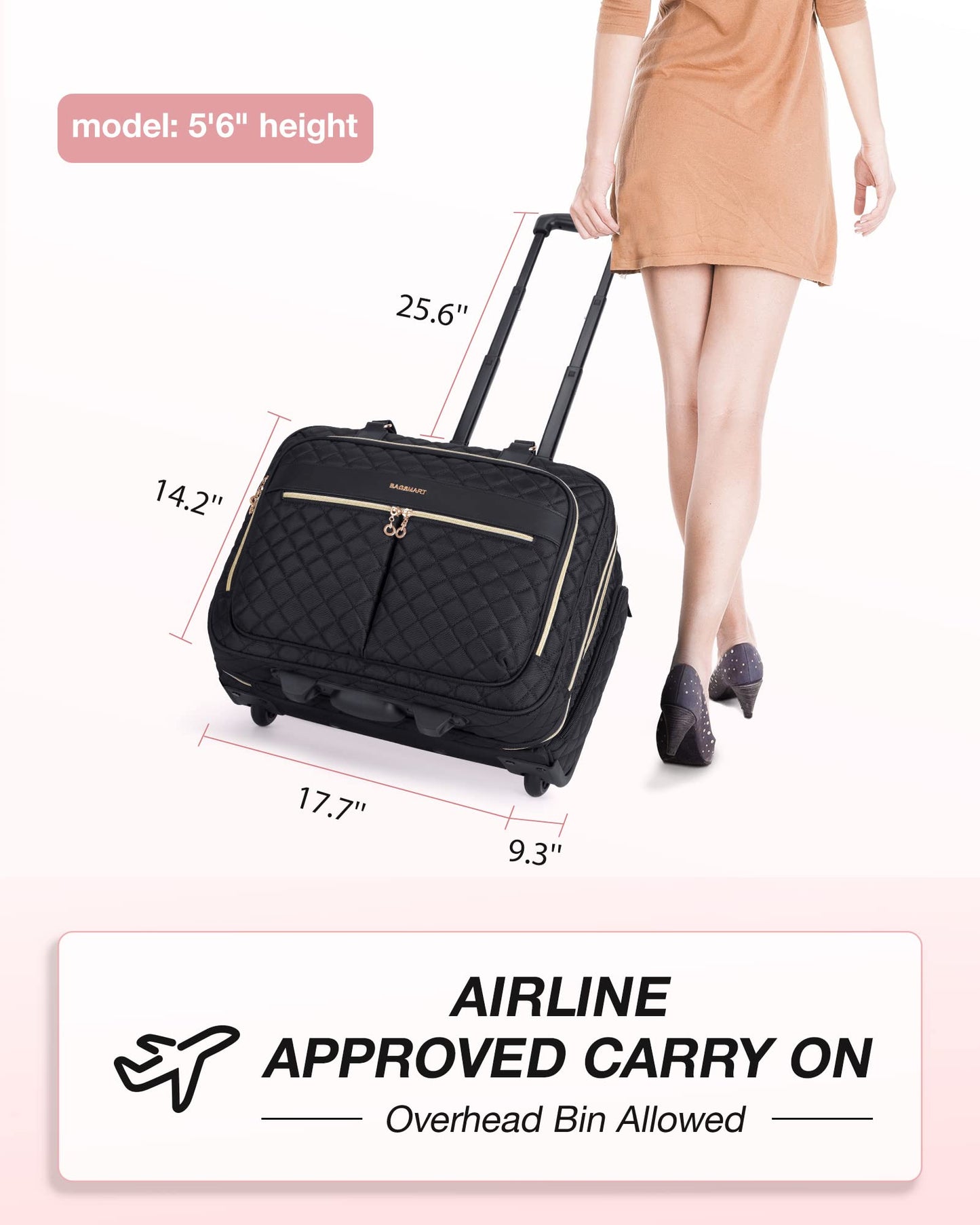 BAGSMART Rolling Laptop Bag Women, 17.3-Inch Quilted Briefcase on Wheels, Computer Case for Business Travel Work