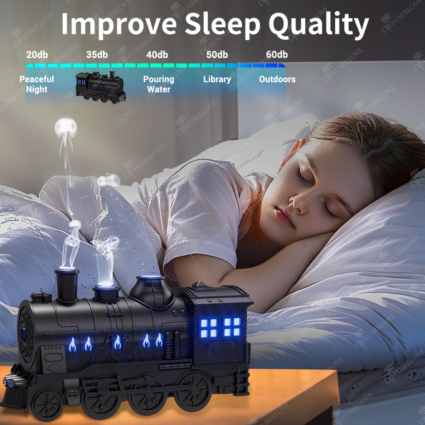 Diffuserlove Train Diffuser 300ML Essential Oil Diffuser Cool Mist Humidifier Aroma Diffuser with Night Light for Bedroom Desk Black