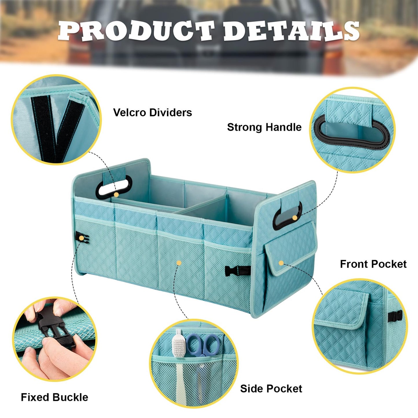 JiatuA Car Trunk Organizers and Storage for SUV, Collapsible Multi Compartment Container Box Adjustable Car Accessories for Women Men, Lake Blue