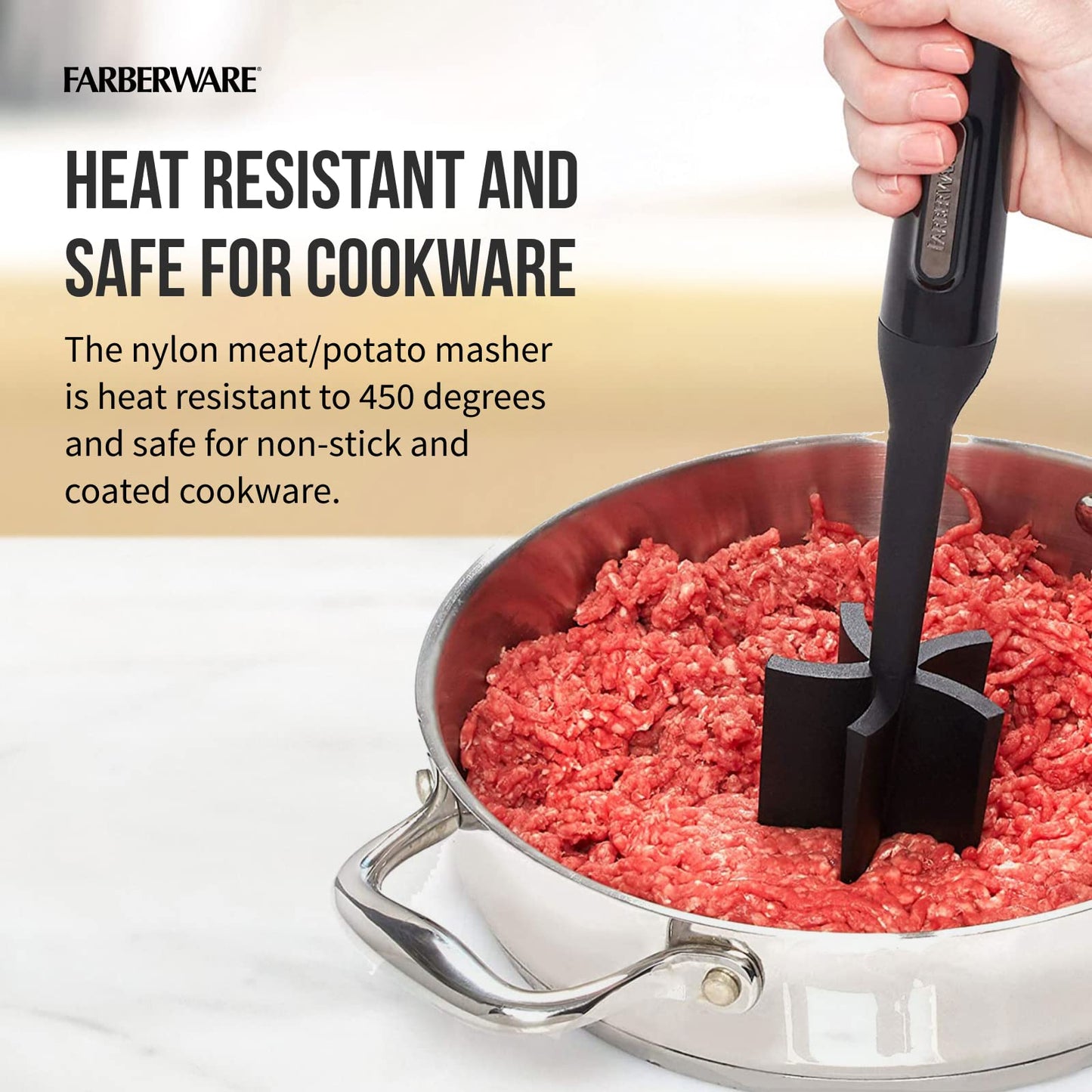 FARBERWARE Nylon Meat & Potato Masher, Heat-Resistant and Safe for Non-Stick Cookware, Durable 10-Inch Kitchen Tool with Ergonomic Handle, Black