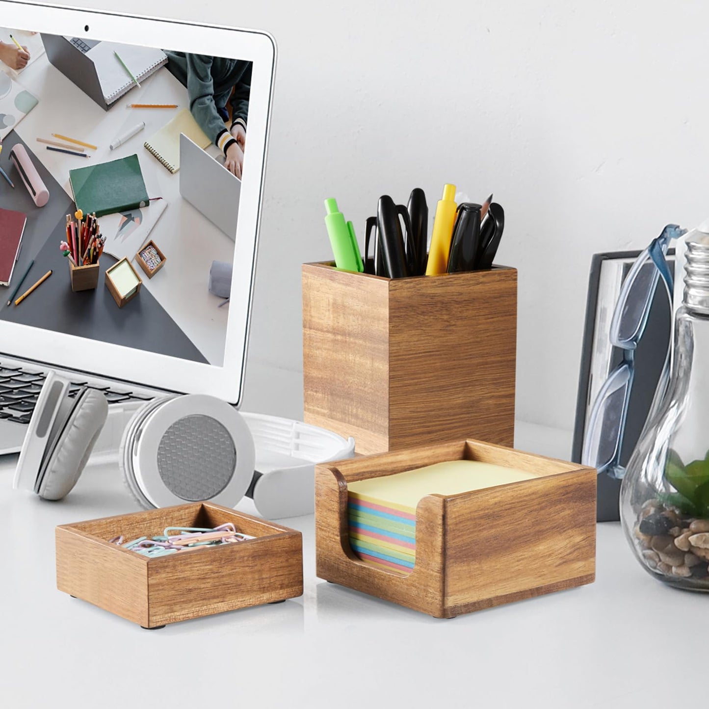 CMLKLZD Desk Organizer Set of 3 - Acacia Wood Office Desk Accessories - Desk Organizers and Accessories for Women Men - Set incl. Pencil Pen Holder, Paperclip Storage and Sticky Note Holder