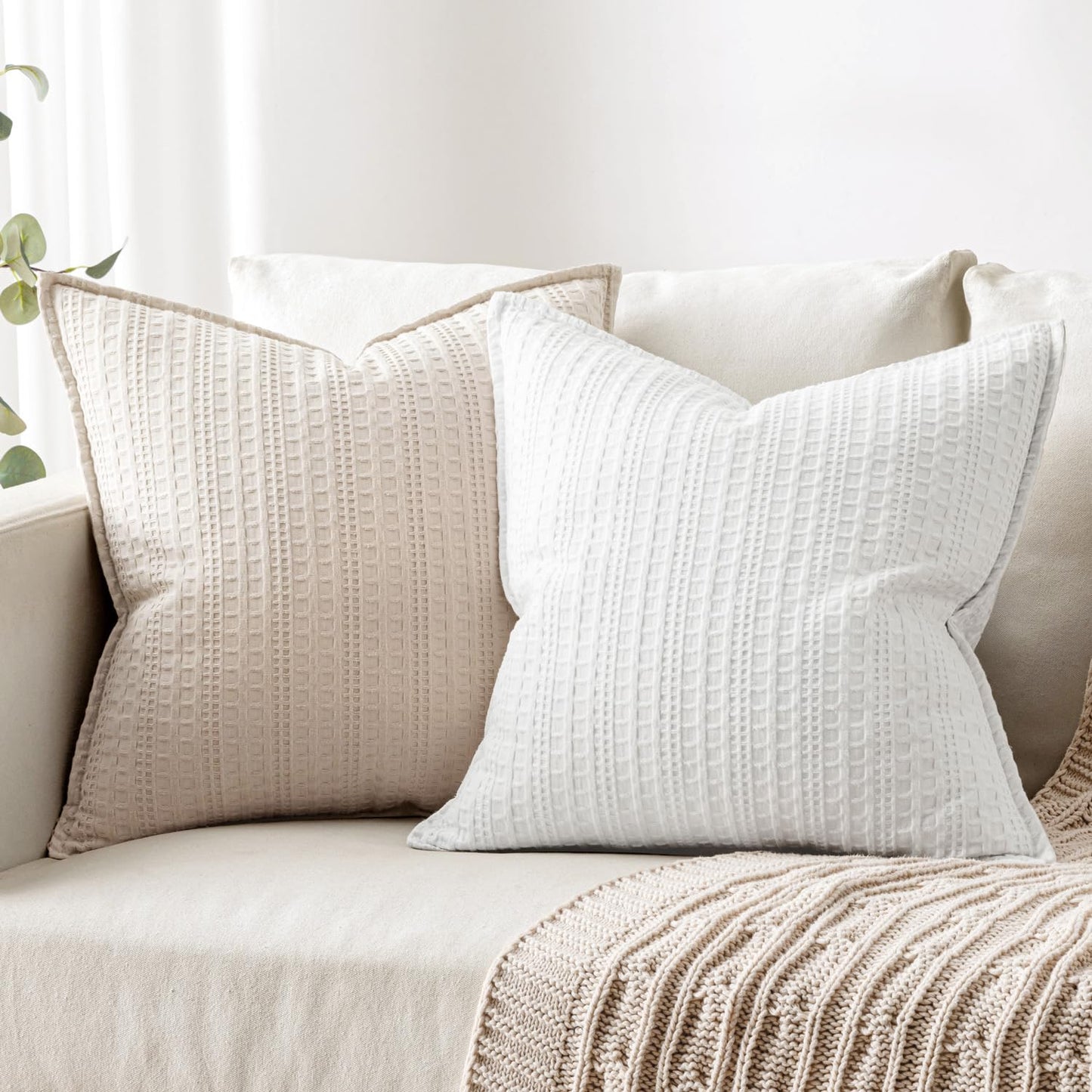 Woaboy Set of 2 Decorative 100% Cotton Waffle Throw Pillow Covers 18x18, Neutral Euro Shams Weave European Cushion Cases for Couch Sofa Bed Modern Farmhouse Home Decor, Cream