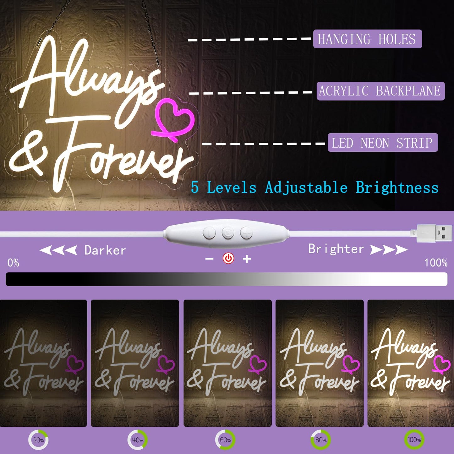 UExnkj-Y Always Forever Neon Sign Warm White Neon Light Sign, Letters Wedding Led Neon Signs for Wall Decor, Dimmable with USB Powered for Bedroom Propose Anniversary Christmas Gifts