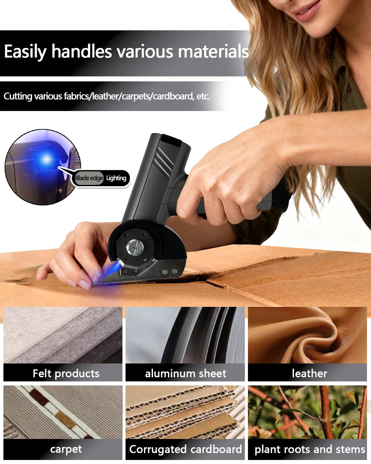 WOZADDI Cordless Electric Cardboard Cutter: 4.2V Brushless Motor Rechargeable LED Display Cardboard Cutting with 2 Blades LED Light Easy and Safe Cutting - Office Tailors Handmade Crafts and Warehouse