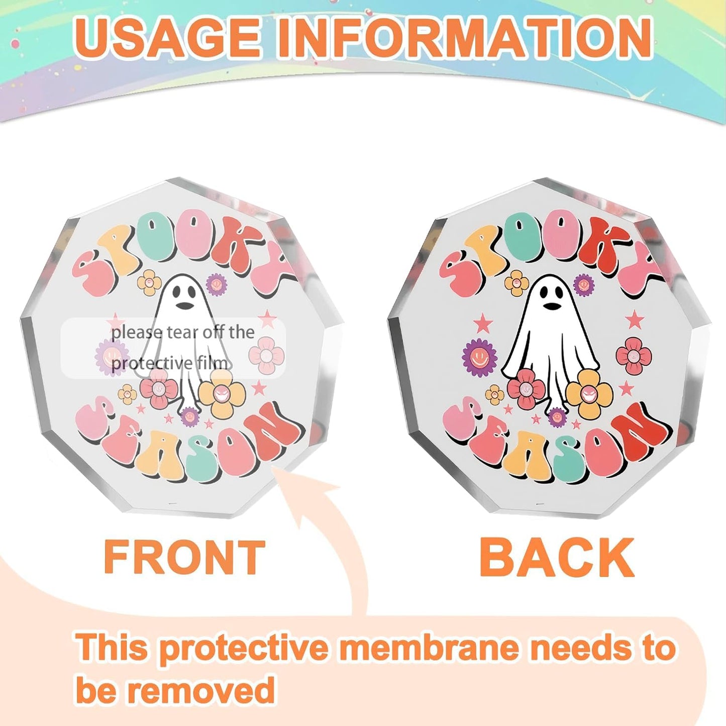 BHOOKA Cute Halloween Ornaments Clear Acrylic Enneagon Shaped Desk Sign Little Ghost & Flower Theme Plaque Happy Halloween Decorations for Holiday Party Home, Desktop Ornament Gifts