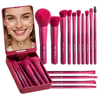 BS-MALL Travel Makeup Brush Set Foundation Powder Concealers Eye Shadows Makeup Set with LED light Mirror 14 Pcs (Green)