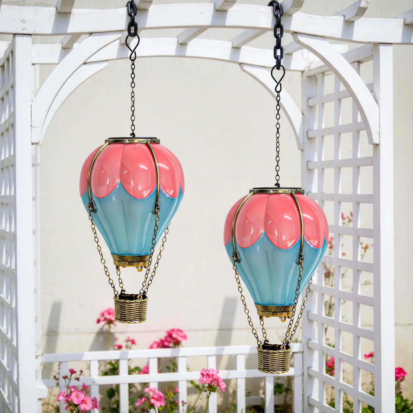 Hot Air Balloon Solar Lantern Outdoor Waterproof with Flickering Flame Light, Solar Powered Light for Garden Patio Yard Pathway Porch - Pink & Blue (1 Pack)