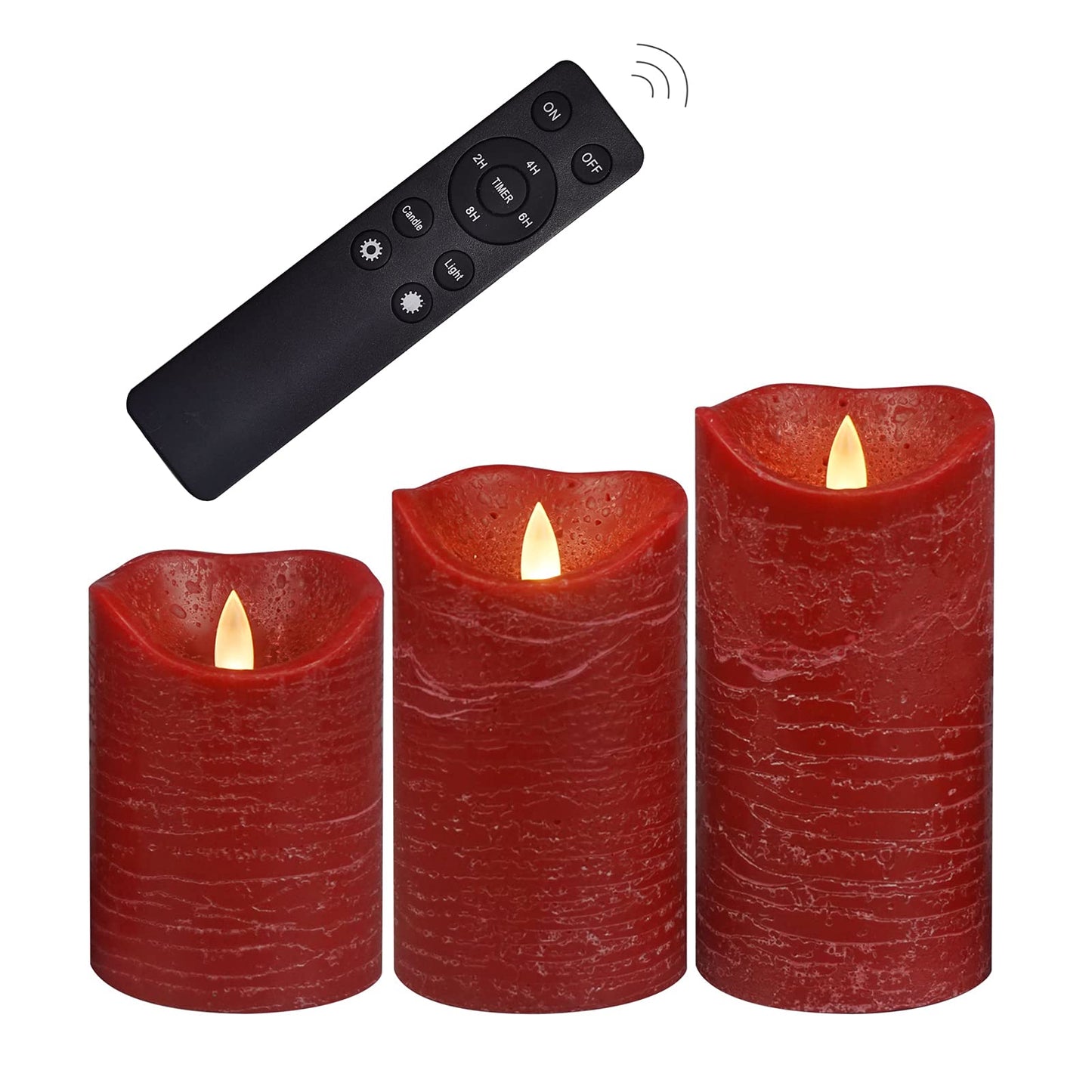 CANDLE CHOICE Real Wax Battery Operated Flameless Candles with Remote Automatic Daily Cycle Timer Realistic Flickering Electric LED Pillars Wedding Party Holiday Decorations 3 Pack Rustic Texture Red