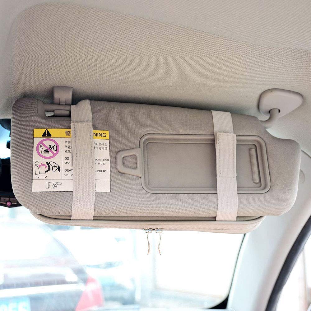 Da by Car Visor Organier Truck SUV Sun Visor Storage Pocket PU Leather Pouch Holder with Multi-Pocket Double Zipper Net Pocket, for Cards Pens Sunglasses Document (Cream Grey)