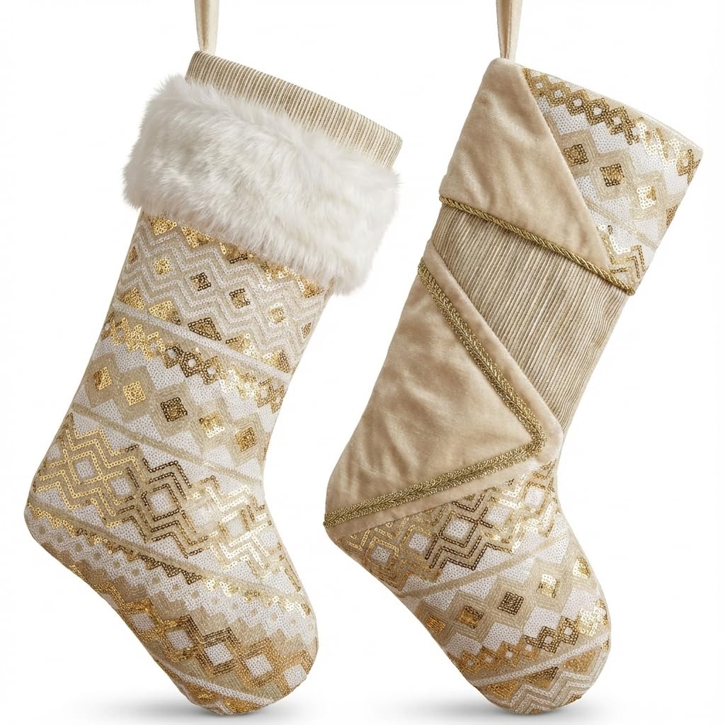 Valery Madelyn Christmas Stockings Decorations, 21 Inch Fabric 2 Pack White Gold Corrugation Exquisite Plush Personalized Fireplace Hanging Ornament for Holiday Xmas Party Decor