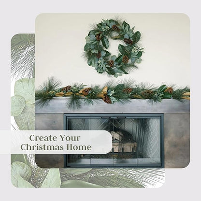 CG Hunter Holiday Collection Faux Wreath, Premium Artificial Indoor and Outdoor Large 28" Magnolia, Eucalyptus, Pinecone, Needle Pine Christmas Wreath, Christmas Decorations and Holiday Greenery