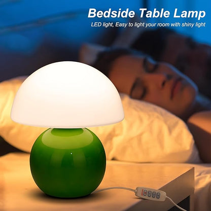Small Mushroom Lamp,USB-Plug in Bedside Table Lamps with 3-Temperature LED Bulb Dimmable,Unique Cute Aesthetic Home Decor for Living Room,Bedroom, Modern Ceramic Base Glass Lamp(Green)