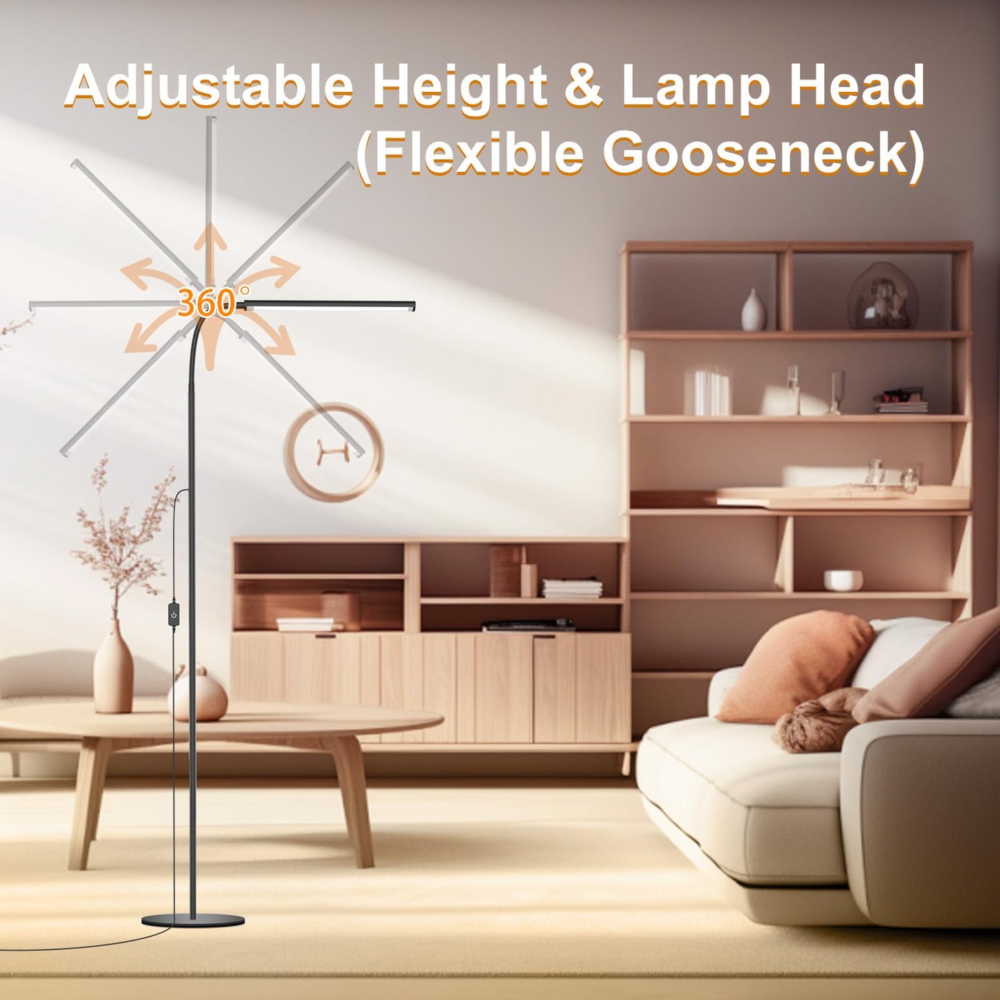 WEDEESUN 15W Floor Lamp with Touch Control Adjustable Brightness 3500K-7000K 360° Gooseneck LED Floor Lamps Eye-Caring Floor Lamp for Living Room, Bedroom & Office Stepless Dimming Standing Lamp