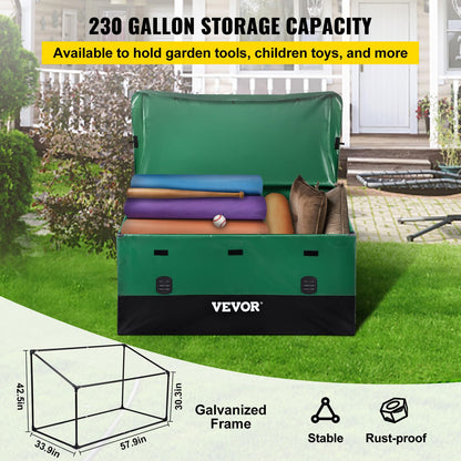 VEVOR Outdoor Storage Box, 230 Gallon Waterproof PE Tarpaulin Deck Box w/Galvanized Frame, All-Weather Protection & Portable, for Camping, Garden, Poolside, and Yard, Black & Green