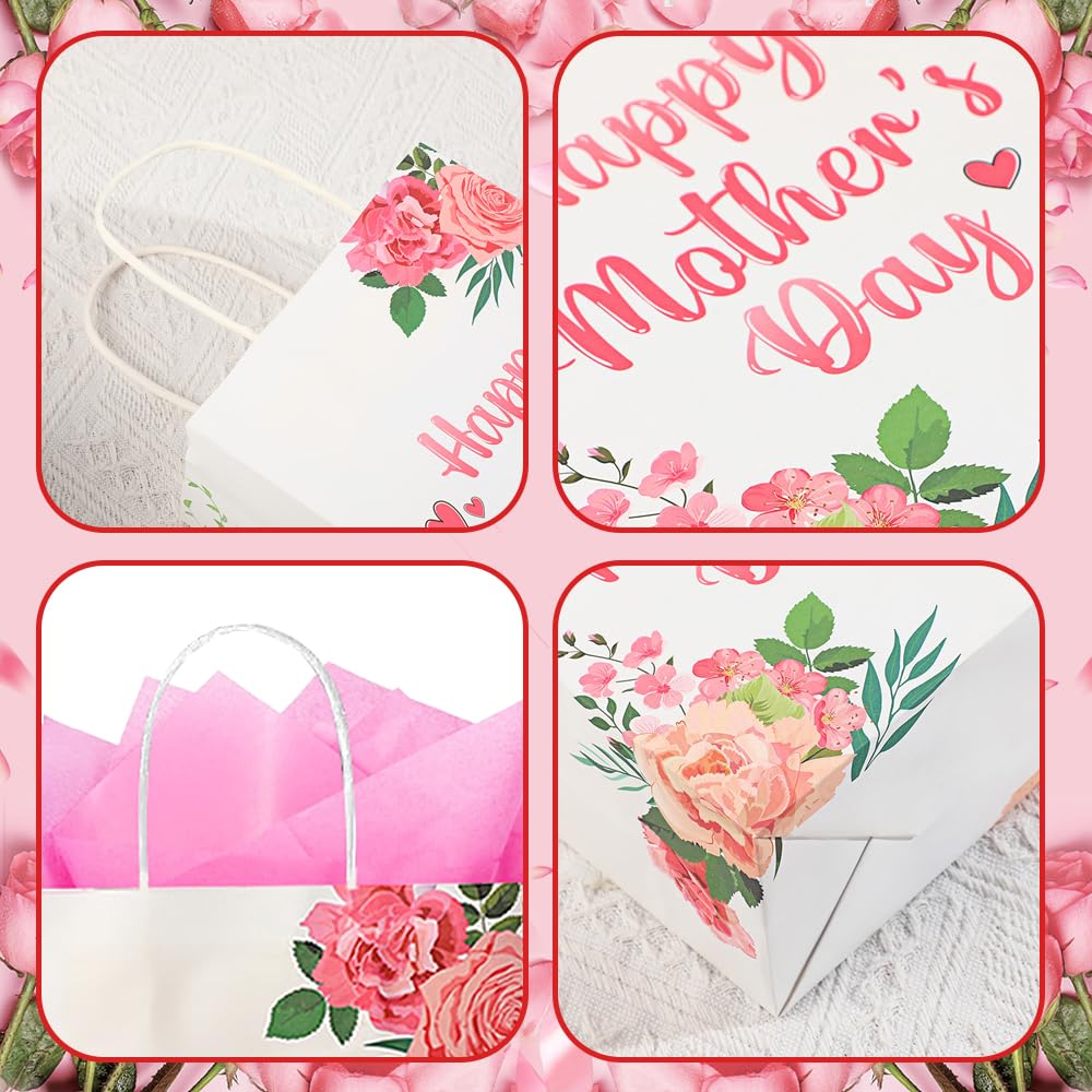 CMSSHUAI 20 Pcs Mother's Day Bags with Tissue Paper，Medium Small Mothers Day Bags with Handles Floral Mothers Paper Bags Treat Bags Candy Bags Bulk for Mom Grandma Wife Women