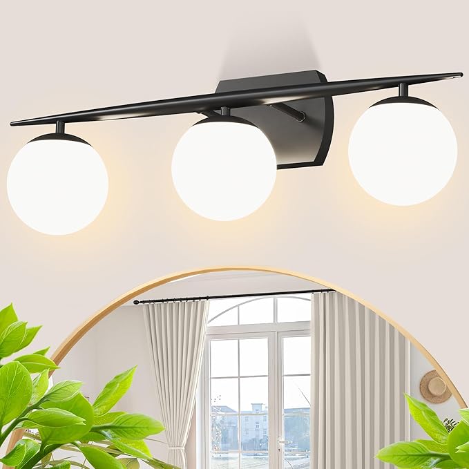 Black Bathroom Light Fixtures, 3-Light 25.1 Inch Modern Vanity Lights with Milky White Frosted Glass Shades, Wall Sconces for Bathroom, Bedroom, Living Room(G9 Bulb not Included)