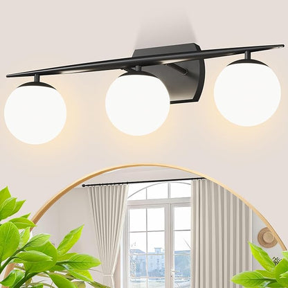Black Bathroom Light Fixtures, 3-Light 25.1 Inch Modern Vanity Lights with Milky White Frosted Glass Shades, Wall Sconces for Bathroom, Bedroom, Living Room(G9 Bulb not Included)