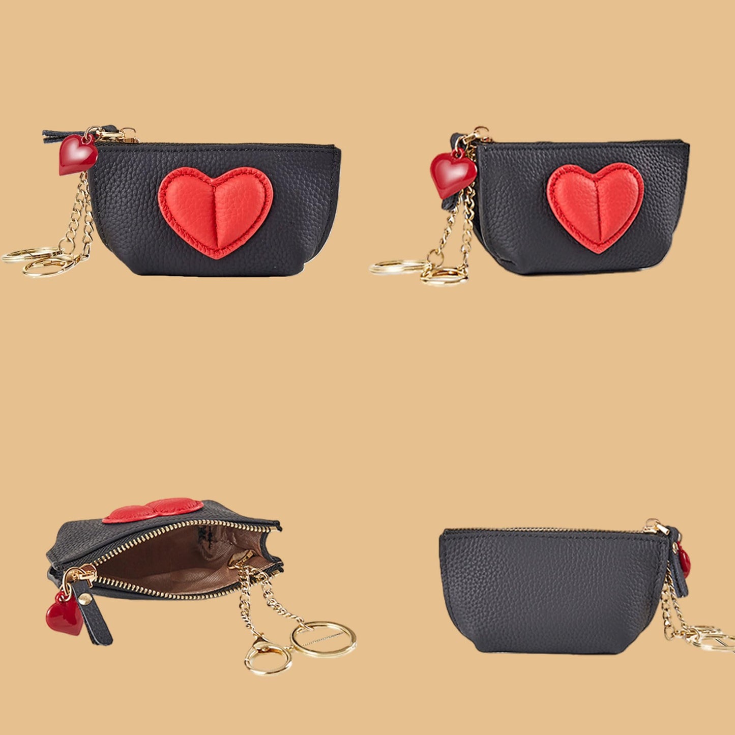 Red Heart Design Small Coin Purse - Cute Compact Keychain Change Purse Soft Leather Wallet with Zipper for Women (Black)