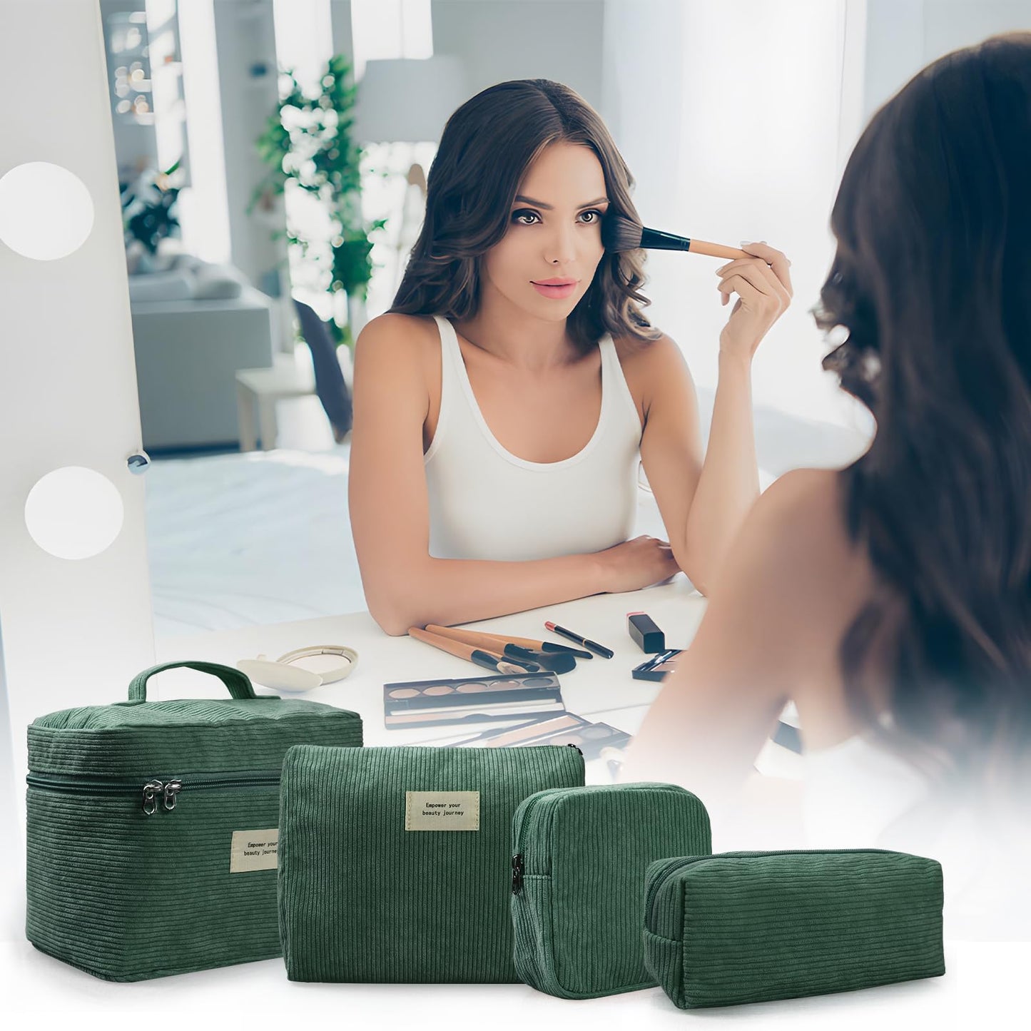 LVWNM 4 Pcs Makeup Bag for Women Corduroy Cosmetic Bag Aesthetic Cute Bags Multi Size Purse Pouch Travel Toiletry Bag Set Makeup Organizer with Zipper(Green)