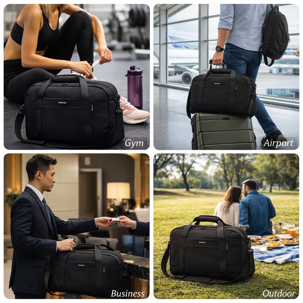 ECOHUB Personal Item Bag 16'' Small Duffel Bag Travel Bag WeekenderBag GymBag Tote Duffel bag Overnight Bags Travel Essentials for Women and Men Shoulder Bag Carry On Shoes Bag (Black)