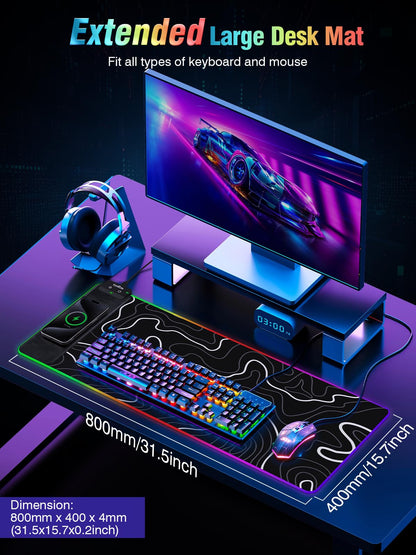 Wireless Charging Mouse Pad, RGB Gaming Mousepad, 31.5"x15.7" Extra Large Desk Pad, 13 Light Modes, Ultra-Smooth Surface, Non-Slip Base, Waterproof Computer Keyboard Mat for MacBook, PC, Laptop, Black