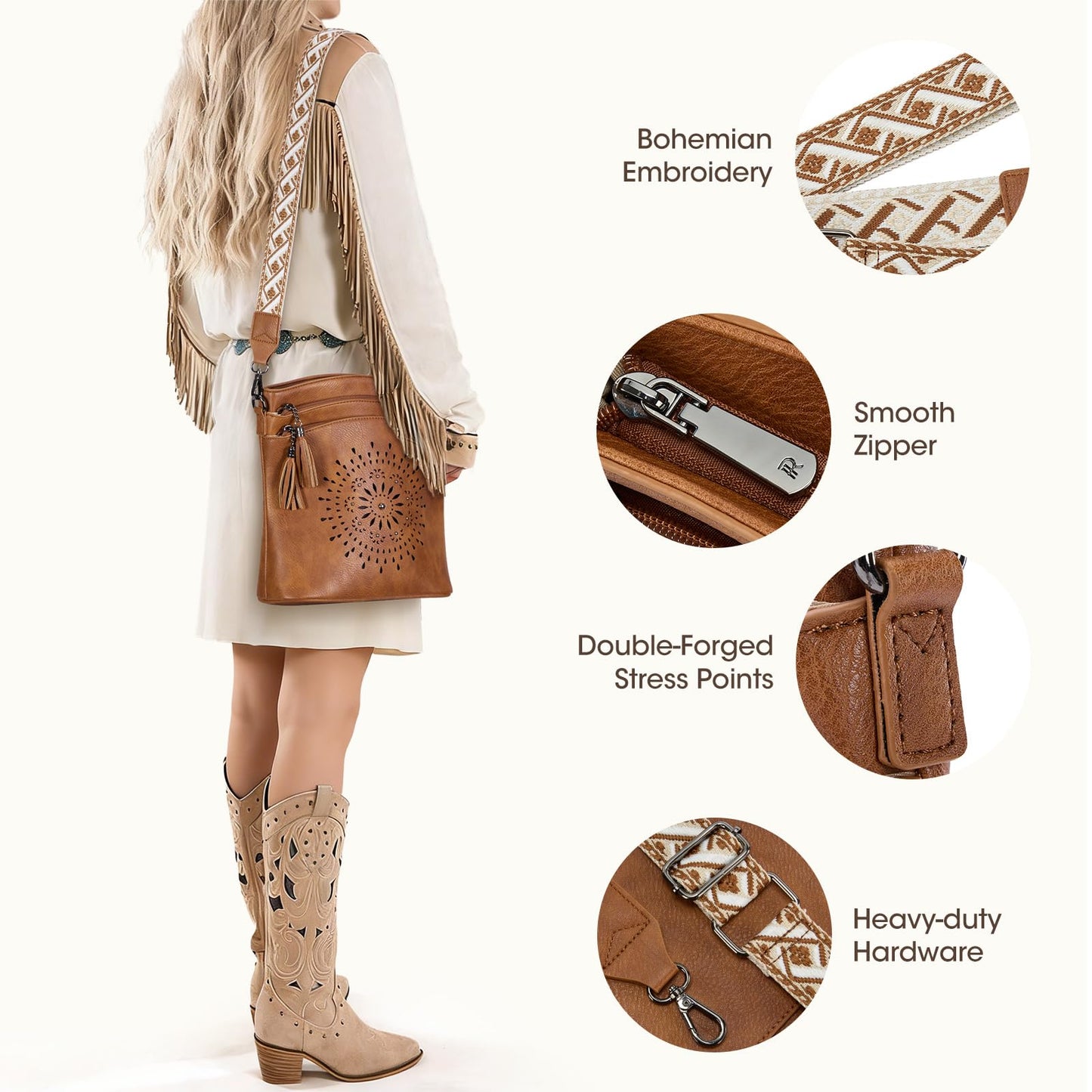 RAINSMORE Women's Medium Leather Crossbody Bag - Lightweight Purse for Weekend Shopping, Everyday Outings, Travel, Designer Trendy Shoulder Handbags with Adjustable Guitar Strap, Multiple Pockets