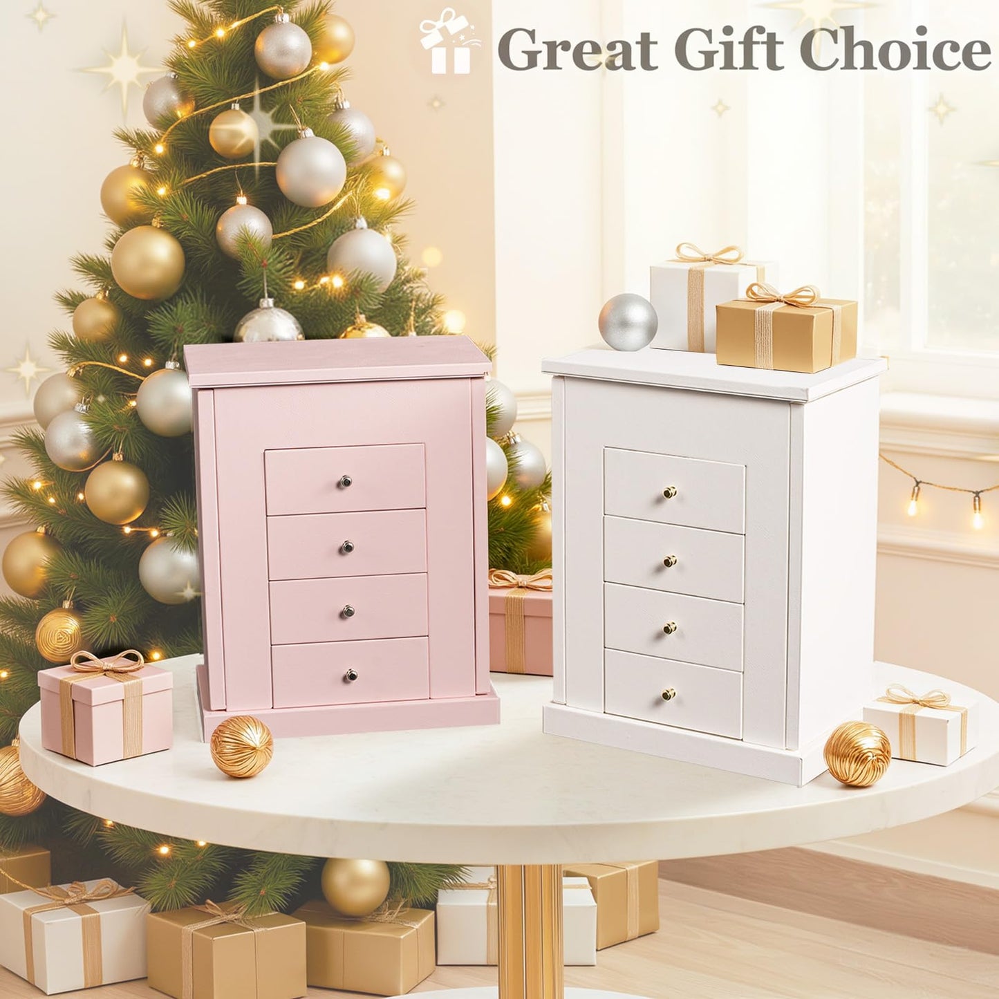 Emfogo Jewelry Boxes for Women, 5-Layer Large Leather Jewelry Organizer Box with Mirror and Drawers, Jewelry Storage for Necklaces Earrings Rings Bracelets (White)