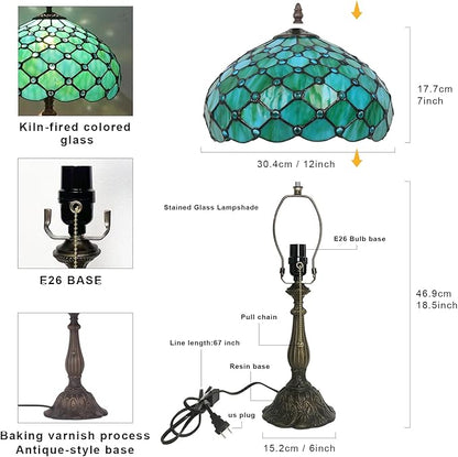 Stained Glass Tiffany Table Lamp, 12 Inch Bedside Reading Light for Bedroom, Living Room, Home Office(Sea Blue Pearl Style)