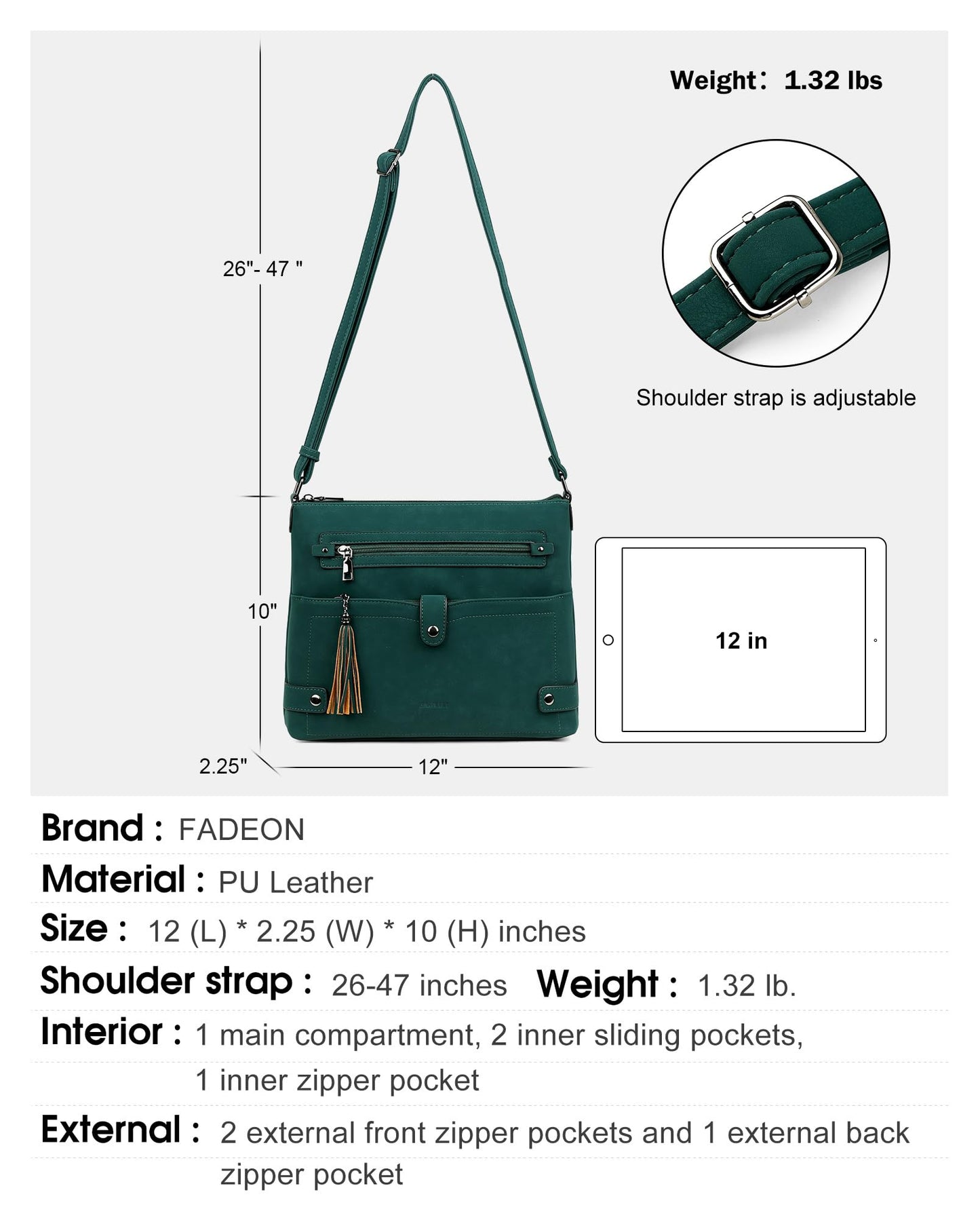 FADEON Large Crossbody Purses for Women Crossbody Bag, Leather Cross Body Purses Multi Pocket Roomy Shoulder Bag ,Dark Green Suede Style