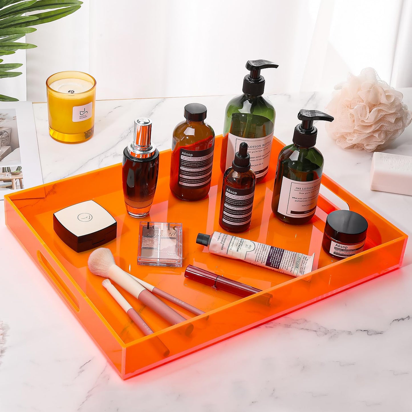Large Acrylic Tray Ottoman Coffee Table Tray with Handles 17x13'' Decorative Serving Platter for Food Tea Dinner Snack Eating Bar Party, Neon Orange