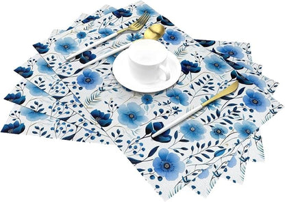 Blue Floral Watercolor Linen Placemats Set of 4, 12" x 18" Heat Resistant Washable Boho Blue Table Mats for Dining Table Kitchen Party Outdoor, Elegant Home Decor & Gift for Floral Nature Enthusiasts