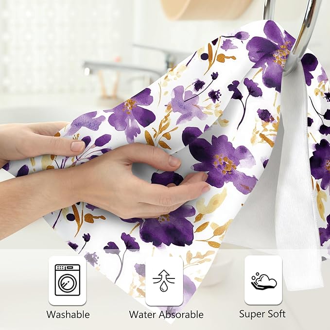 Purple Floral Hand Towels Bathroom Soft Absorbent Purple Flower Decorative Bath Towels Set for Bathroom Gym Spa Home Farmhouse Housewarming Gifts for Women Girls Set of 2, 14"x28"