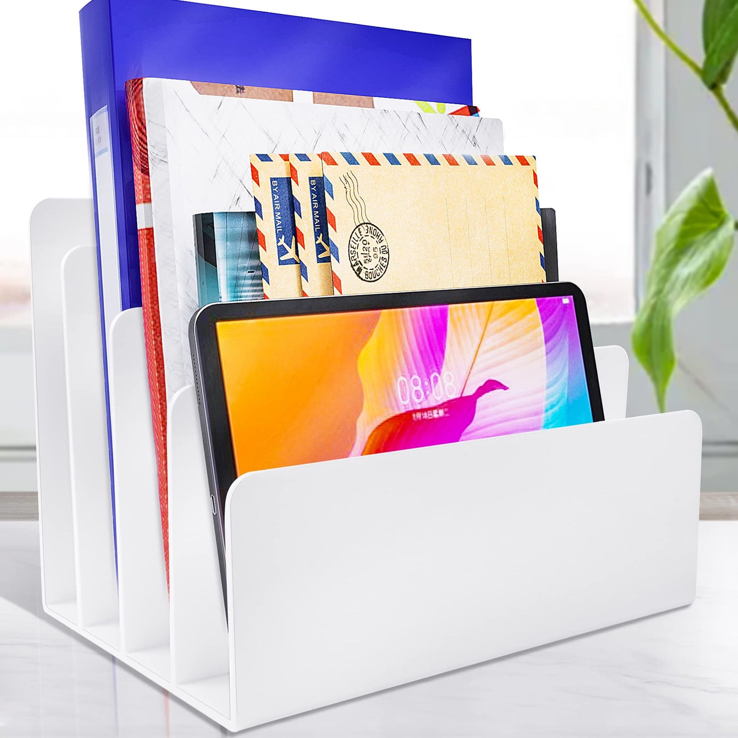 Carooyac White Acrylic File Organizer - 4 Sections Desk Holder Sorter for Office Supplies, Electronics, Notebooks and Mail