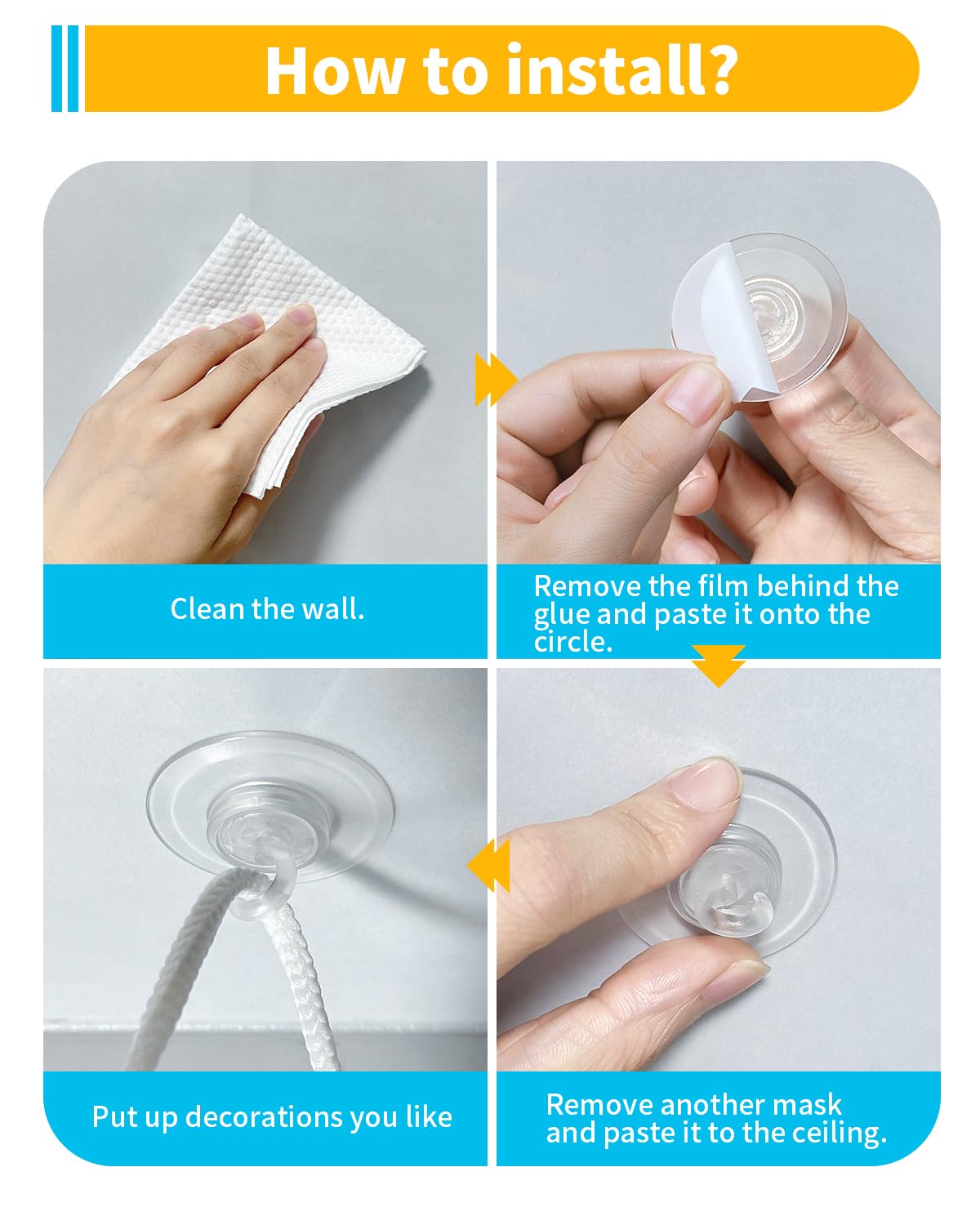 (ApeBest) 50 Pack Adhesive Ceiling Hooks for Hanging：Clear No Drill Adhesive Strips Sticky Hooks for Bedroom Classroom Kitchen Party Halloween Christmas Ceiling Hanger Decorative