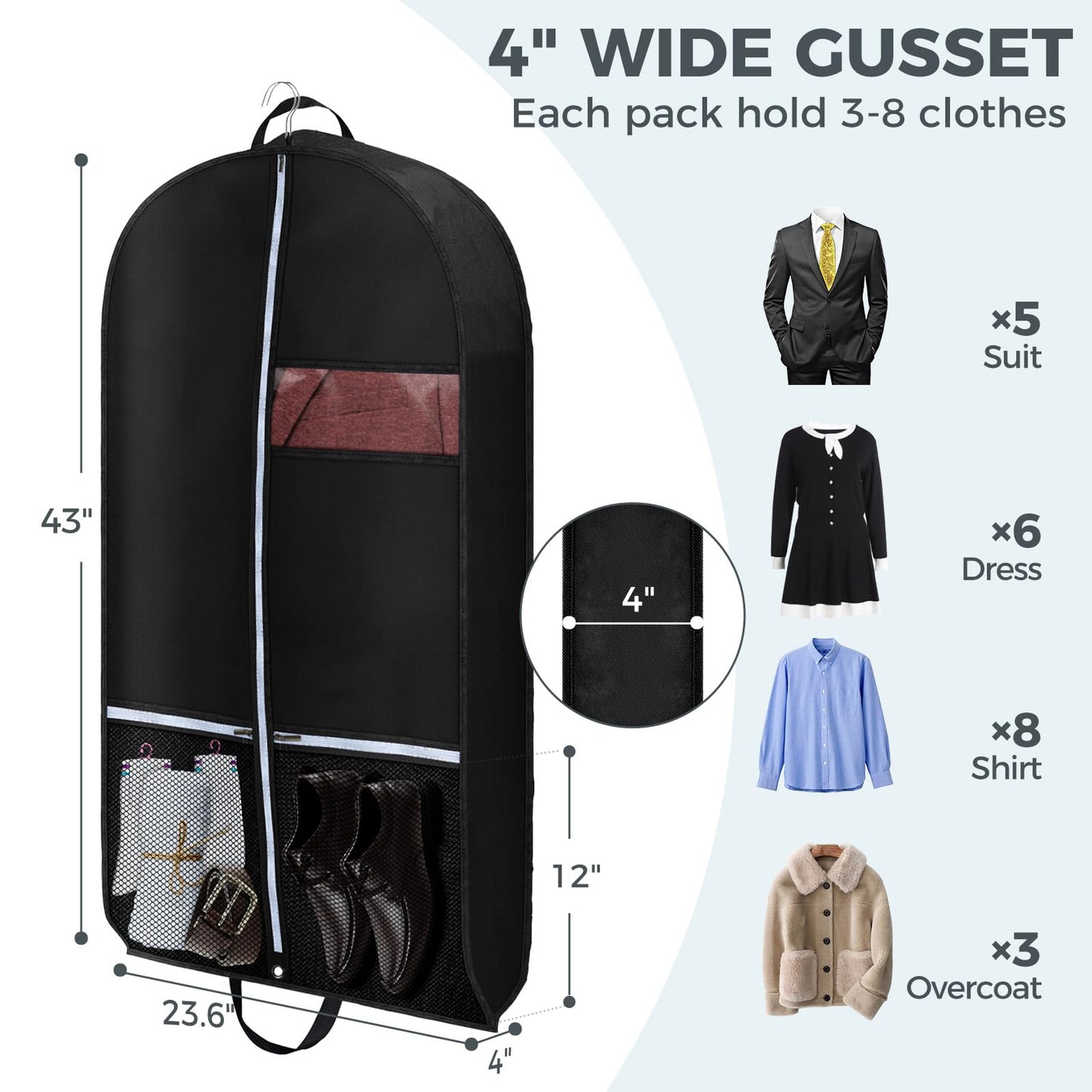 2 pcs 43" Garment Bags for Travel, Suit Bags for Clothing Storage with 2 Handle, Garment Bags for Hanging Clothes Covers with 4" Gussets for Coats, Jackets, Shirts, Sweater