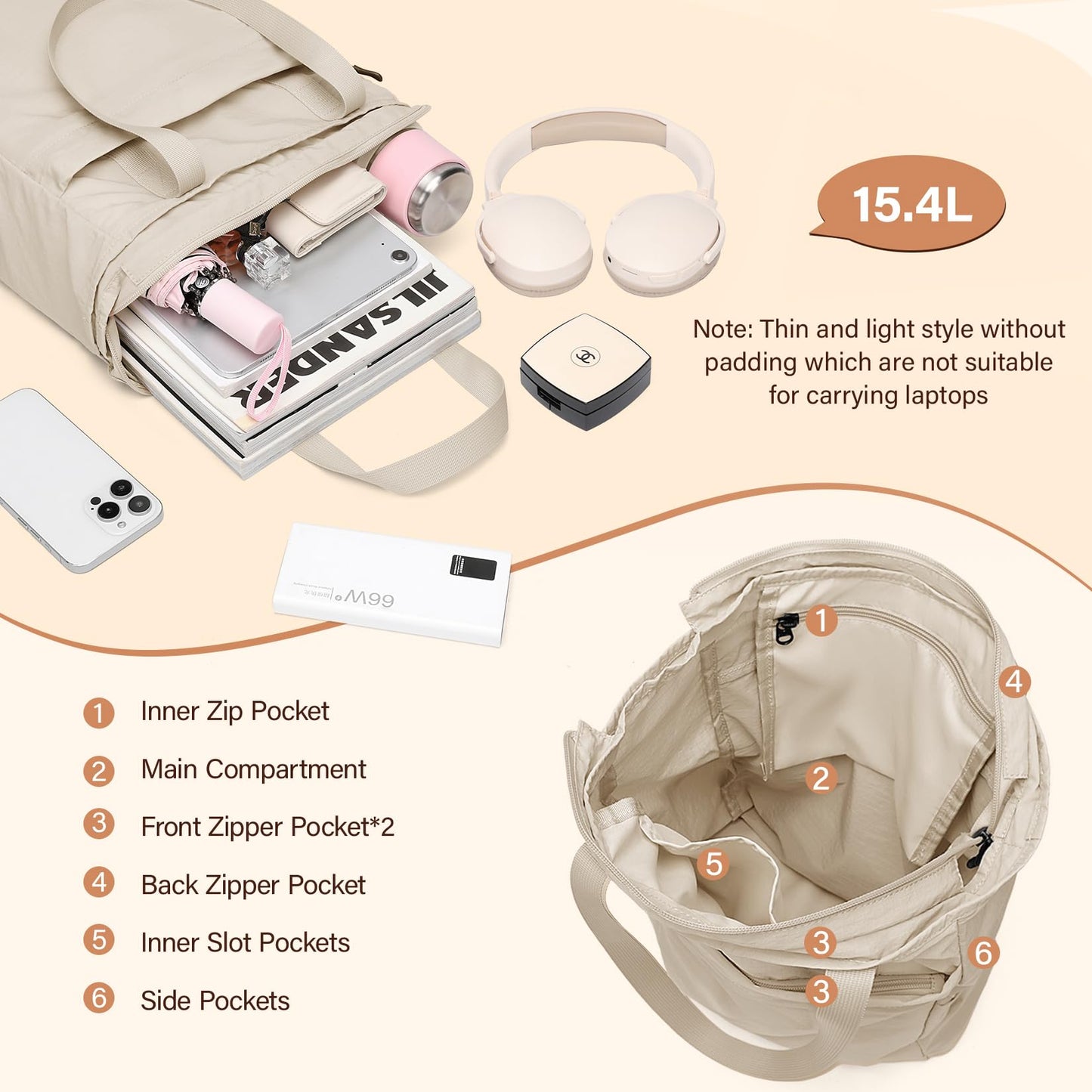 GOLF SUPAGS Foldaway Convertible Tote Backpack Lightweight Nylon Daypack for Women Men City Pack Versatile Backpack for Leisure Travel, Apricot