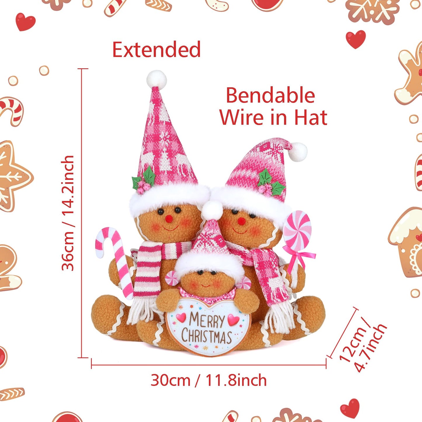 HMASYO Pink Gingerbread Family Christmas Gnome Decoration, 14 Inch Plush Gingerbread Candy Christmas Stuff Figurines for Home Fireplace Window Tabletop Tiered Tray Holiday Xmas Decor (Pink)