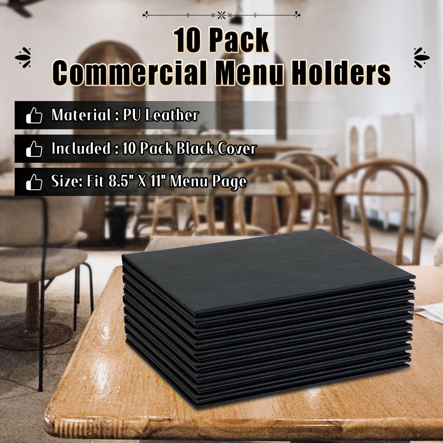 FLKQC Restaurant Menu Covers Holders 8.5 X 11, 10 Pack Synthetic Leather Menu Holder Covers Book Style with Angled Corners Black for Wine List, Certificate Organizer Diploma Holder