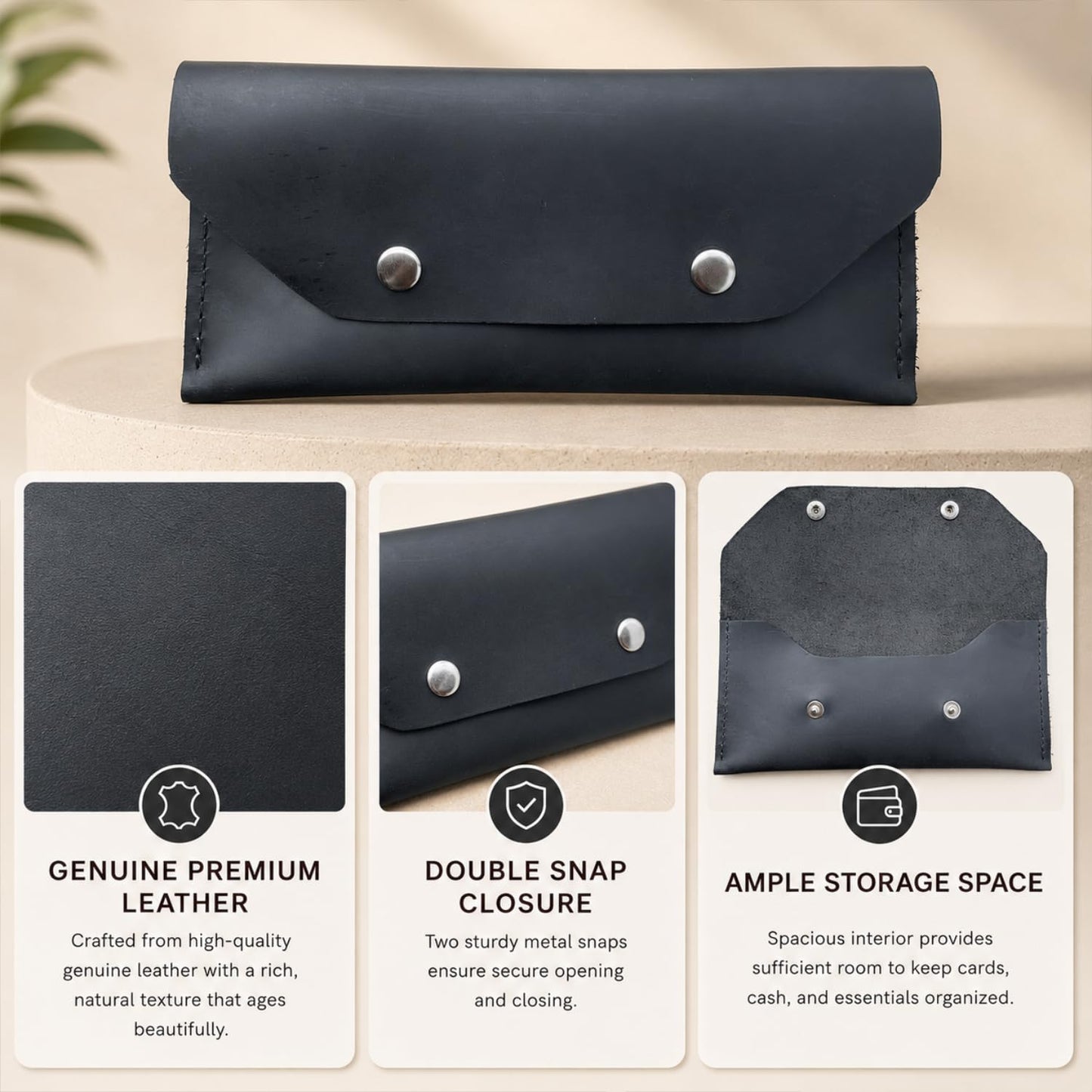 ZEMARS Genuine Leather Cash Envelope Wallet, Two Snap Money Pouch for Men and Women, Reusable Budget Envelope Wallet, Slim Organizer for Cash, Cards, Receipts, Checks and Keys (Black)
