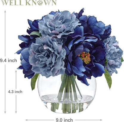 Artificial Flowers in Vase, Artificial Peonies for Vase with Faux Water, Silk Fake Flower Arrangements for Fall Winter Wedding Home Coffee Table Decor Thanksgiving Centerpieces (Blue)
