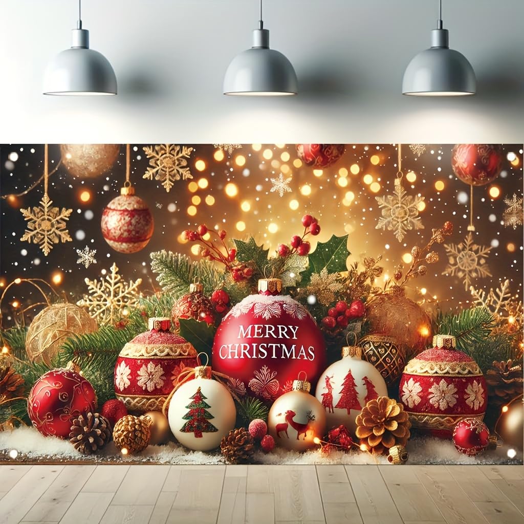 Tomhong Christmas Party Decoration 71x43 Inch Merry Christmas Ball Ornament Pine ConeSnowflake Gift Box Holly Bell Holiday Scene ndoor Outdoor Xmas Celebration Decor