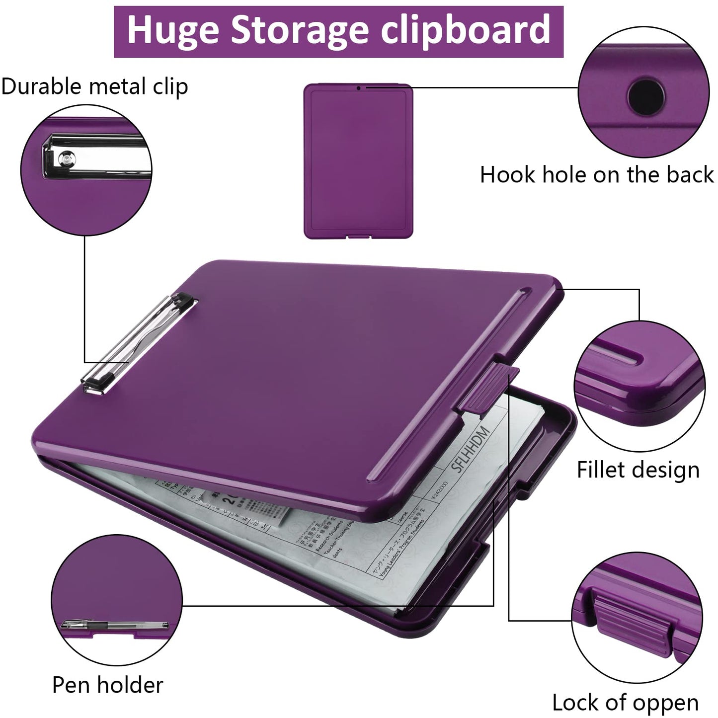 SFLHHDM A4 Clipboards, Folder Clipboard with Storage, Folio Plastic Clipboard with Low Profile Clip,Waterproof Nursing Clipboards Foldable Document Case for Office Work-Deep Purple